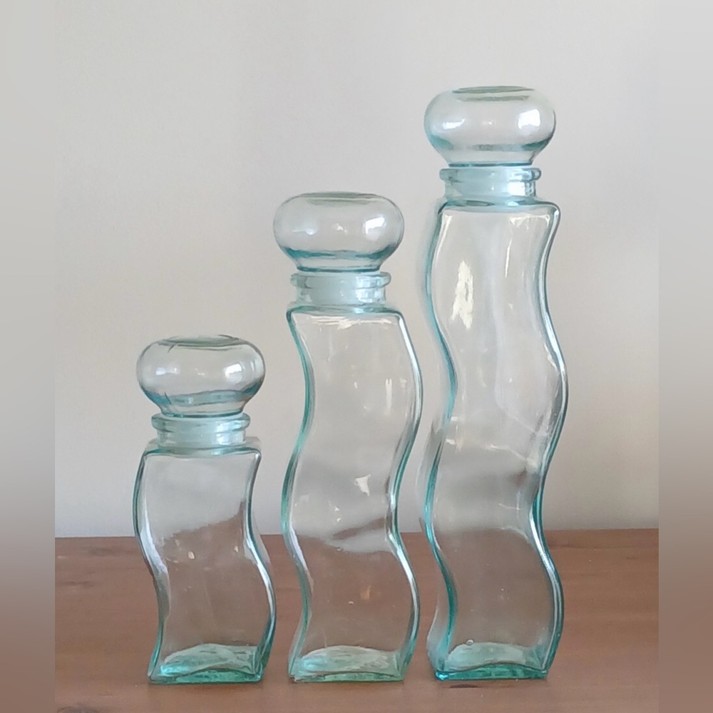 3 x wavy glass bottles, green tinted glass